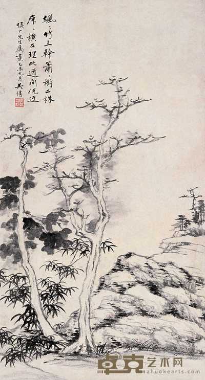吴湖帆 乙未（1955年）作 仿倪瓒山水 立轴 67×36.5cm